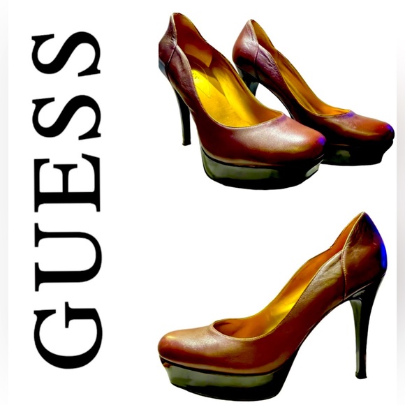 #32 GUESS Dark Brown Vegan Leather Platform Heels w/ Faux Leather Sz 10 EUC - Picture 1 of 16